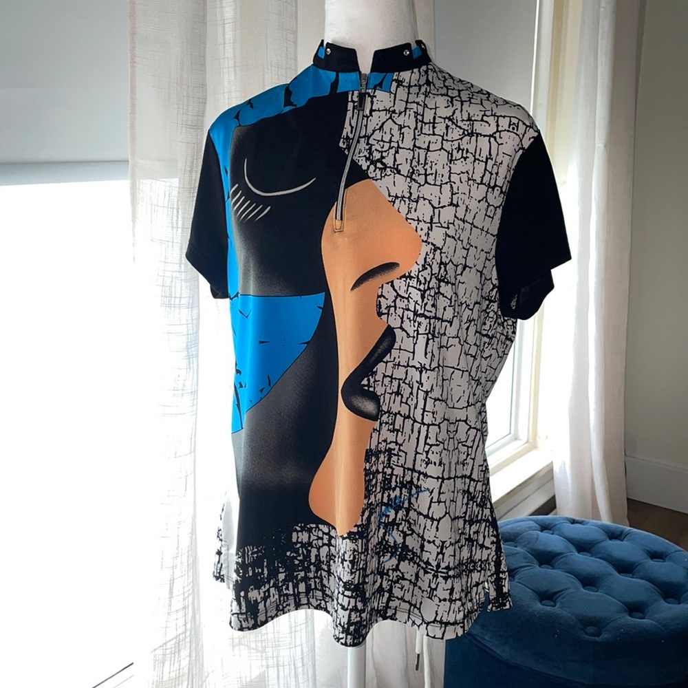 Jamie Sadock Polo Shirt Top Womens Sz L 1/4 Zip Golf Abstract Active Artistic